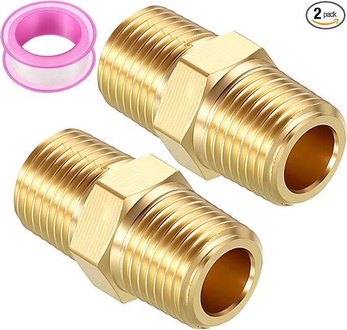 Pack of 2, 1/8" MNPT to 1/8" MNPT Solid Brass Hex Nipple Hose Connectors W/Sealing Tape, Male Pipe Adapter for Pipe Leak Repair, Bathroom Remodeling, Tool Extensions, Compression