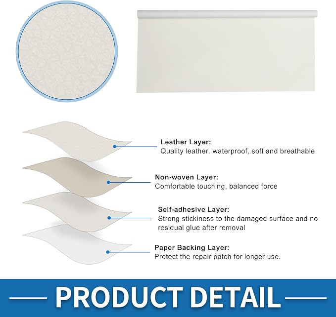 Self Adhesive Leather Repair Patch Strong Stickiness 39"x39" Leather Repair Tape PVC Faux Leather White 1 Pcs