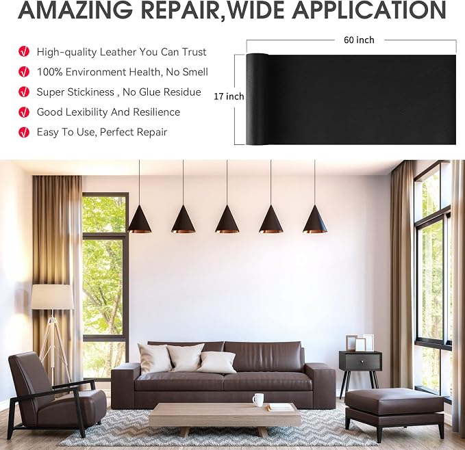 Leather Repair Patch Tape, 17x60 inch Large Self Adhesive Leather Repair,Vinyl Repair Patch Kit for Couches, Car Seats, Chairs, Furniture 17X60 inch, Black