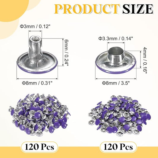 uxcell 120 Sets Leather Rivets, 8mm Double Cap Rivets, 6mm Height Tubular Metal Studs for Leather Craft Repair and Decoration DIY Clothes, Shoes, Bags, Belts, Purple