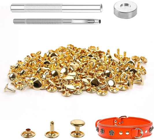100 Sets Leather Rivets 10x8mm Double Cap Rivets Snaps Metal Studs Fasteners with 3pcs Setting Tools for Leather Craft DIY Repair Decoration, Gold Tone