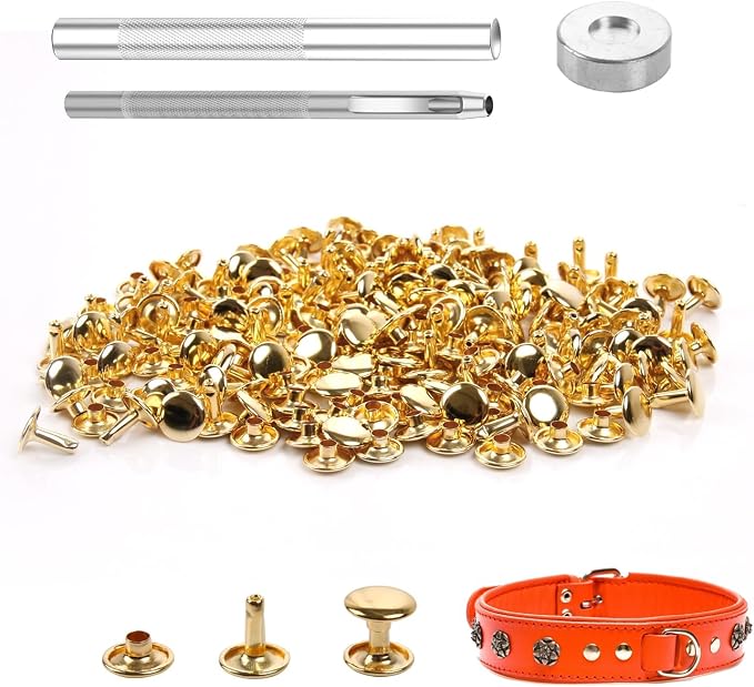 100 Sets Leather Rivets 9x10mm Double Cap Rivets Snaps Metal Studs Fasteners with 3pcs Setting Tools for Leather Craft DIY Repair Decoration, Gold Tone