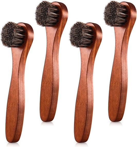 4 Pcs Horsehair Shine Shoes Brush Kit Polish Dauber Applicators Cleaning Leather Shoes Boots Care Brushes Suede Cleaner Brush with Microfiber Shoe Cloth(Brown Handle A)
