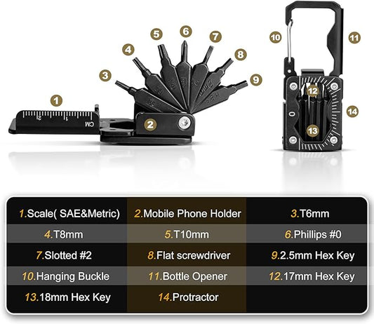 HAUTMEC 14 in 1 Bike Multitool, Mini Bike Repair Tool Kit for Road and Mountain Bikes, Lightweight S2 Stainless Steel Bike Tool With T6/8/10mm Wrenches and Phillips Screwdriver Multitool HT0419-BT