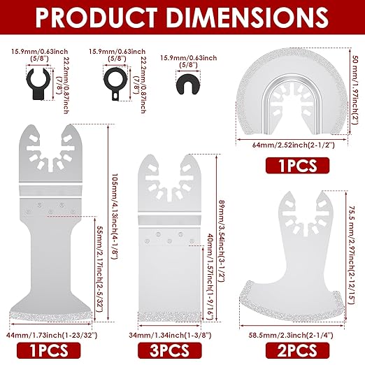 7PCS Diamond Oscillating Tool Blades Set, Grout Removal Blade Kit for Tile Mortar Concrete Masonry, Fits DeWalt Milwaukee Ryobi Rockwell Fein Ridgide Multi Tool Blade with 3 Adapters