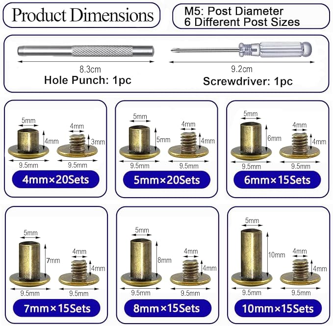 Ironking 100Sets M5 Chicago Screws Leather Rivets Assorted Metal Fasteners Buttons Screw Rivets， for Leather Craft Decorate and Repair Belts Bags Shoes Purse (BronzeM5*4,5,6,7,8,10)