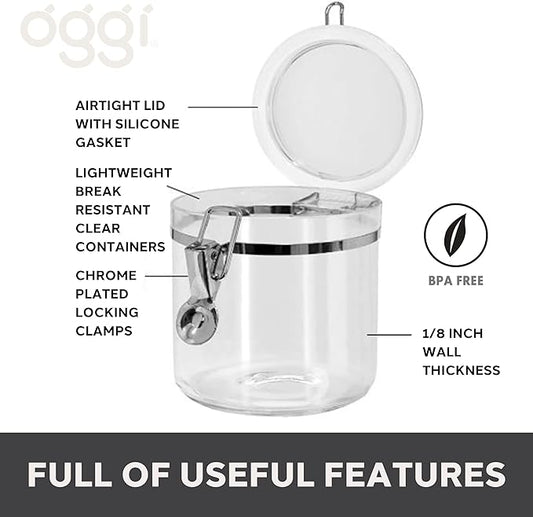 Oggi 4pc Clear Canister Set with Clamp Lids Airtight Containers in Sizes Ideal for Kitchen & Pantry Storage of Bulk, Dry Foods Including Flour, Sugar, Coffee, Rice, Tea, Spices & Herbs