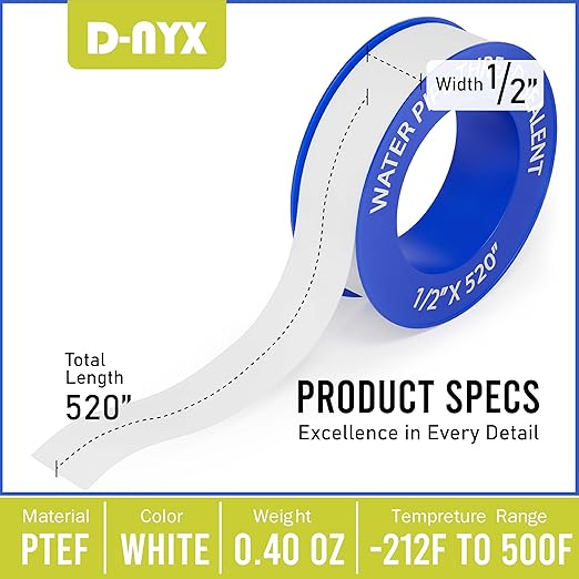 D-NYX 1, 4 or 5 Rolls 1/2 Inch(W) X 520 Inches(L) Teflon Plumbers Tape, Duct Sealant Tape for Shower Head, Plumbing Thread Tap, Water Pipe Sealing Plumbers PTFE Thread Seal (1 Pack)
