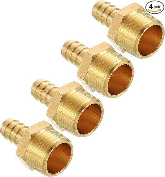 Pack of 4 Brass Hose Barb Fittings Adapter Connector 1/2" Hose Barb to 3/4" NPT Male Fittings for Home Machines, Massage Bathtubs, and Irrigation Systems