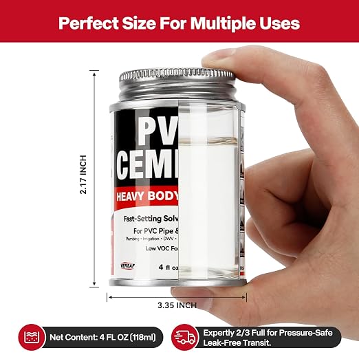VERSAF PVC Cement, Heavy Duty Fast-Setting Solvent Weld Glue for PVC Pipe, Plumbing, Irrigation & Vinyl Repair, Waterproof Clear Finish, 4 fl oz