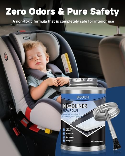 Headliner Repair Glue, Car Headliner Adhesive with Rubber Seam Roller Headliner Repair Kit,Upholstery Glue with Brush for Automotive interiors, Fabric, Leather (4.23oz)