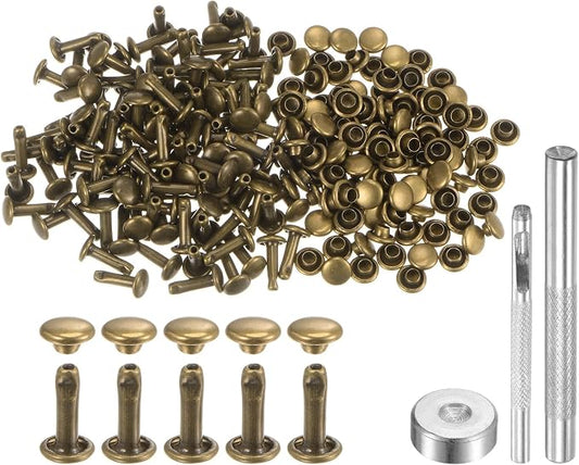 HARFINGTON 100 Sets Leather Rivets 10 x 6mm Metal Double Cap Rivet Snaps Studs Fasteners with 3pcs Setting Tools Rivets for Leather Craft DIY Repair Decoration, Bronze