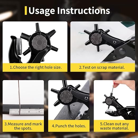 XOOL Round & Oval Leather Hole Punch Set, Upgraded Long Handle Revolving Punch Plier Kit for Belts, Watch Bands, Straps, Dog Collars, Saddles, Shoes, Fabric, DIY Home & Leather Craft Project