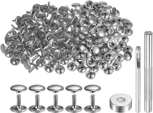 HARFINGTON 100 Sets Leather Rivets 12 x 12mm Metal Double Cap Rivet Snaps Studs Fasteners with 3pcs Setting Tools Rivets for Leather Craft DIY Repair Decoration, Silver Tone