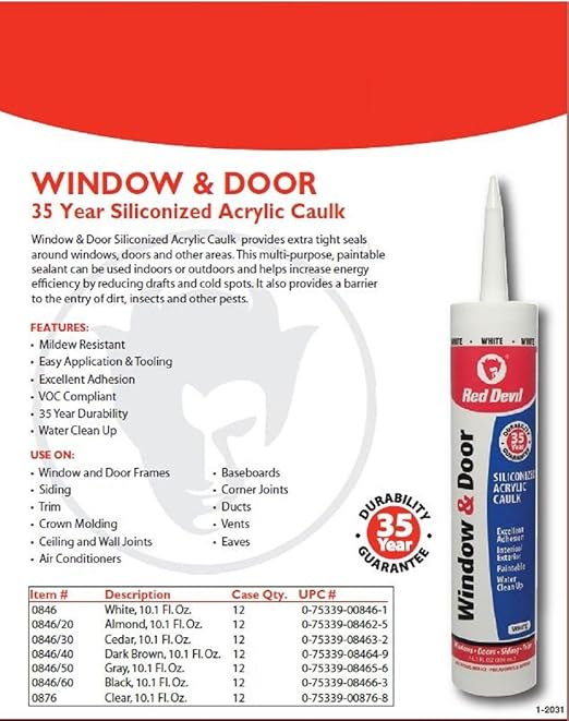 Red Devil 0876 Window & Door Silicon Acrylic Clear Caulk, Waterproof, 10.1 oz, Pack of 1, Made in USA
