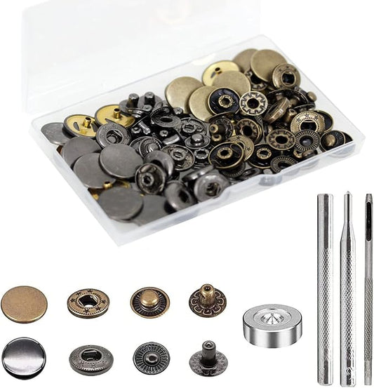 BetterJonny 24 Sets Heavy Duty Leather Snap Fasteners Kit, 17mm Metal Snap Buttons Press Studs Leather Rivets Snaps with 4 Setter Tools for Clothes Bracelet Jackets Jeans, 2 Color