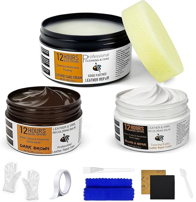 12H Quick-Dry Leather Repair Kit with 3.53Oz Leather Recoloring Balm, Filler & 4.23Oz Conditioner & Cleaner, 3-in-1 Vinyl Repair Set for Couch, Car Seat, Jacket, Shoes, Faux Leather, Brown