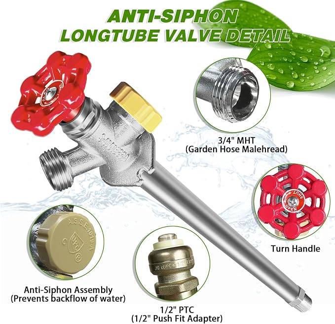 8 Inch Anti-Siphon Frost Free Sillcock Valve Multiturn 1/2 Inch NPT, 3/4 Inch Hose Bibb, Brass Body, Brass Valve, 12 Inch Length, Chrome Finish
