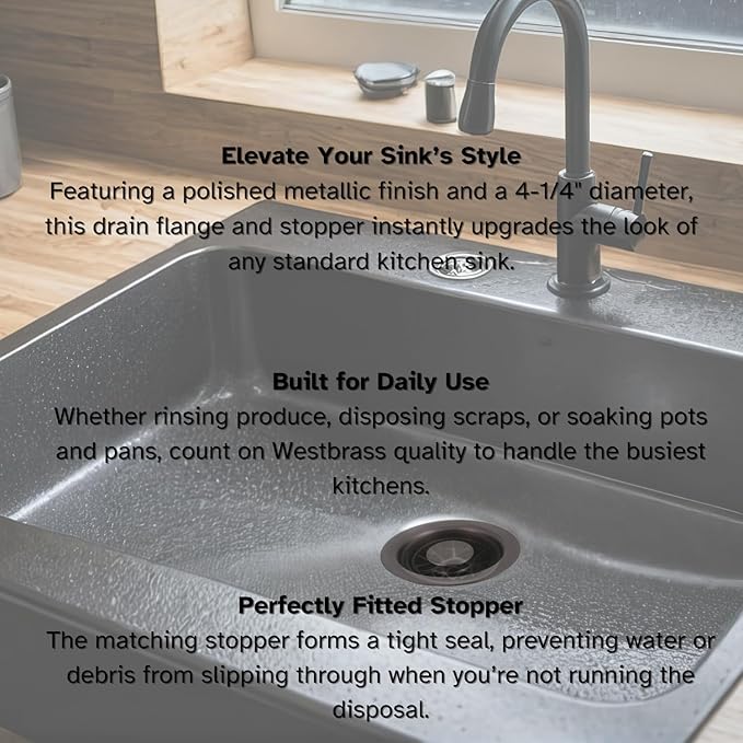 Westbrass D2089-12 4-1/4" Kitchen Sink Waste Disposal Drain Flange and Stopper, Oil Rubbed Bronze