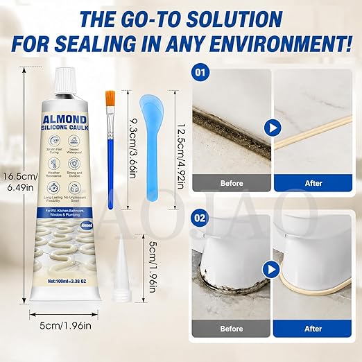 Almond Silicone Caulk, Almond Caulk, 100% Waterproof Sealant for Kitchen & Bathroom, Shrink & Crack Proof Caulking for Tub, Shower, Sink & Window, 30-Min Water Ready, 100ML