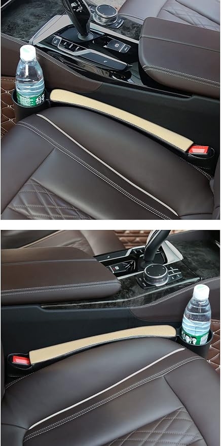 Tumecos Car Seat Gap Filler Pad PU Leather Console Side Pocket Organizer with One Cup Holder for Cellphone Wallet Coin Key 2 Pcs (Black+Beige Surface)