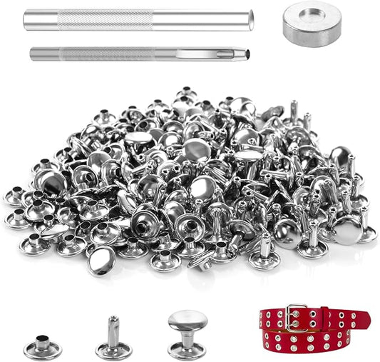 100 Sets Leather Rivets 8x10mm Double Cap Rivets Snaps Metal Studs Fasteners with 3pcs Setting Tools for Leather Craft DIY Repair Decoration, Silver Tone