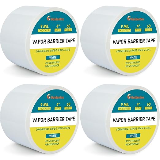 Golden Fox Vapor Barrier Tape, 4 Pack 4'' x 180' Roll, 9 Mil White Polyethylene Moisture and Vapor Barrier Seam Tape for Crawl Spaces, Marine Use, Insulation Tape, Underlayment & More, Waterproofing