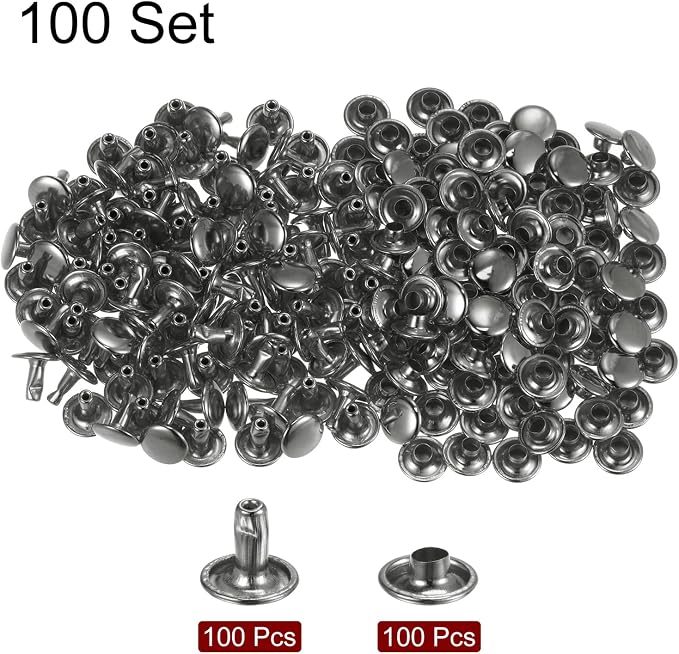 HARFINGTON 100 Sets Leather Rivets 8 x 9mm Metal with 3 Setter Tools Gunmetal