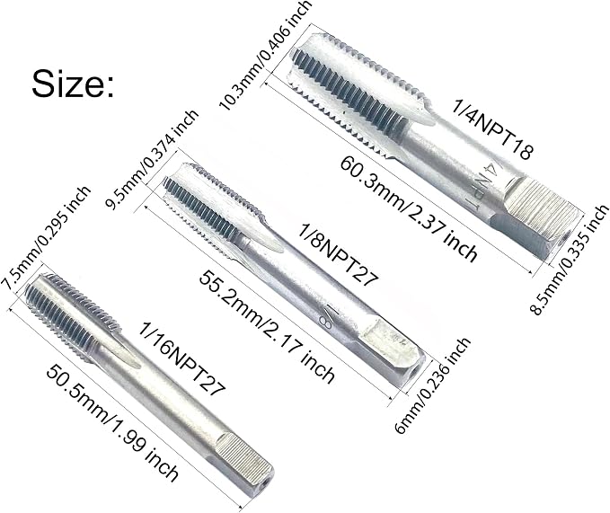 1/16",1/8",1/4" NPT Pipe Tap Set,3Pcs Carbon Steel Pipe Taps Cutting Tools Great for Various Mechanics DIY Thread Cutting and Cleaning