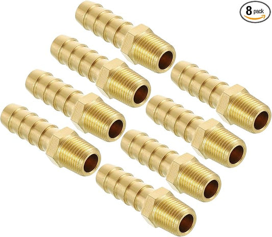 Pack of 8 Brass Hose Barb Fittings Adapter Connector 3/8" Hose Barb to 1/8" NPT Male Fittings for Home Machines, Massage Bathtubs, and Irrigation Systems