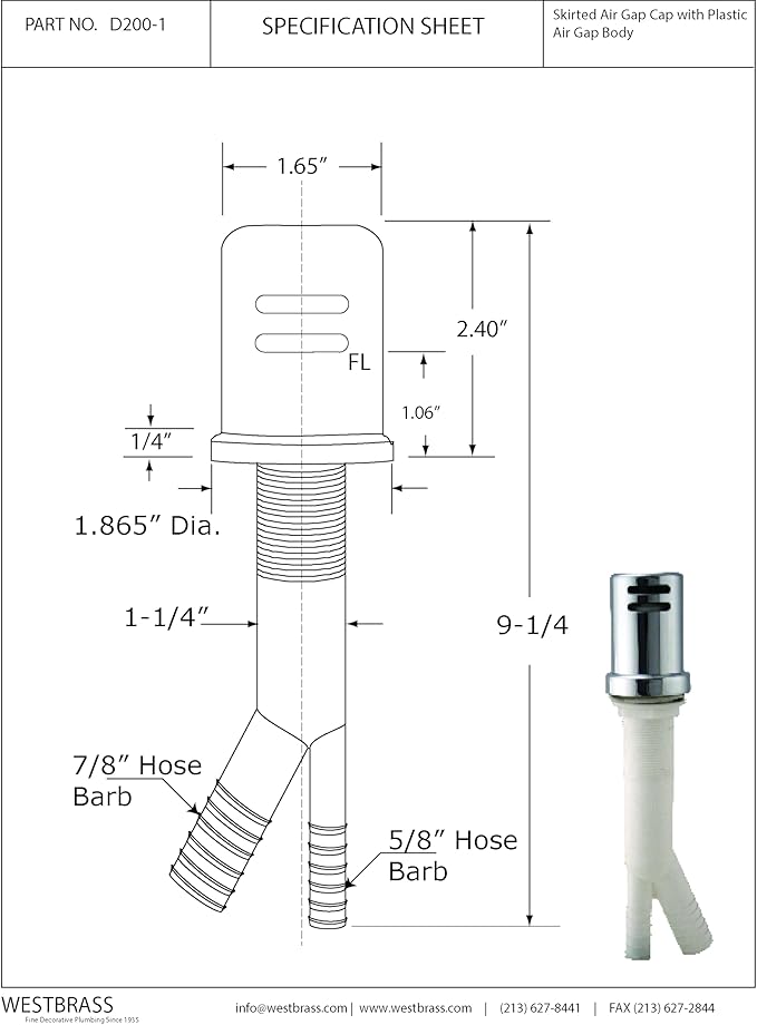 Westbrass D200-1-5-50 1-3/4" x 2-3/4" Solid Brass Air Gap Cap Kit, Skirted, Powder Coat White (5-Pack)