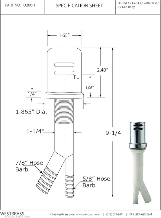 Westbrass R200-1-05 1-3/4" x 2-3/4" Solid Brass Air Gap Cap Kit, Skirted, Polished Nickel
