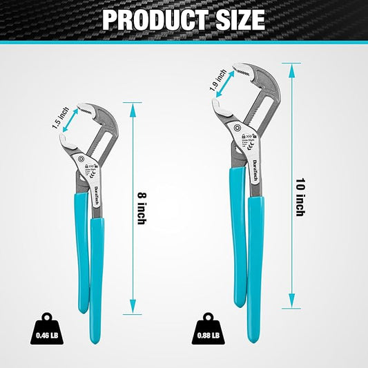 DURATECH 2-Piece Water Pump Pliers Set(8" & 10"), Quick-Adjust Groove Joint Pliers with Slide-to-Unlock Mechanism, V-Jaw Design, CR-V Steel, for Plumbing, Automotive, and Household Repairs