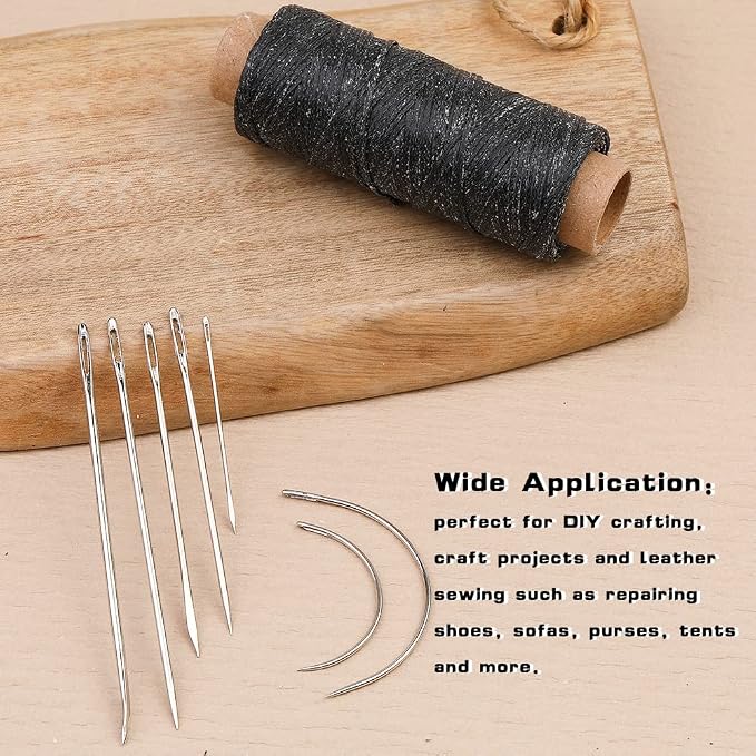 Ftyiwu Black Waxed Thread 55 Yards, Leather Sewing Waxed Thread with Upholstery Needles Hand Sewing Needles for Home Upholstery Carpet Leather Canvas Repair and Sewing