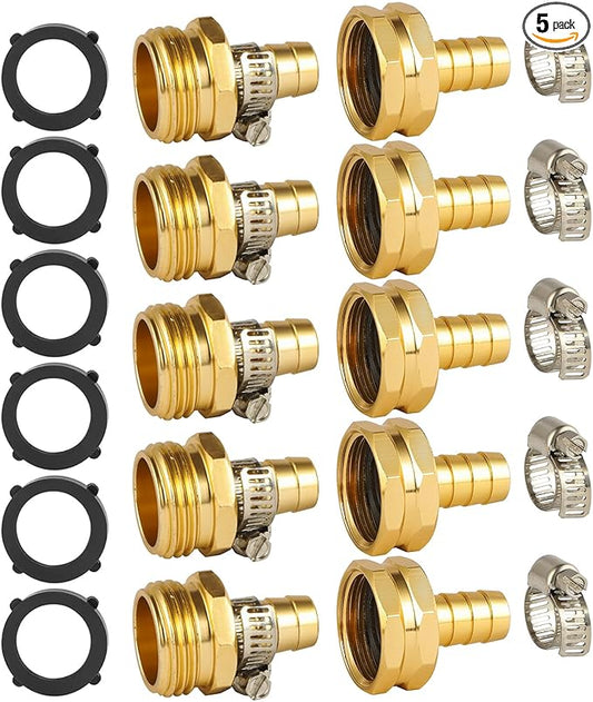 5 Set Garden Hose Repair Connector Kit with Clamps, Fit for 1/2" Garden Hose Fitting,1/2" Barb x 3/4" GHT Garden Hose Adapter/Fittings, Water Hose Repair Kit