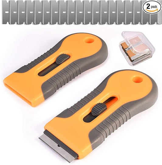 Razor Blade Scraper, 2 Pcs Plastic Retractable Razor Scraper with 40 Pcs Steel Scraper Blades for Glass Cooktop Windows