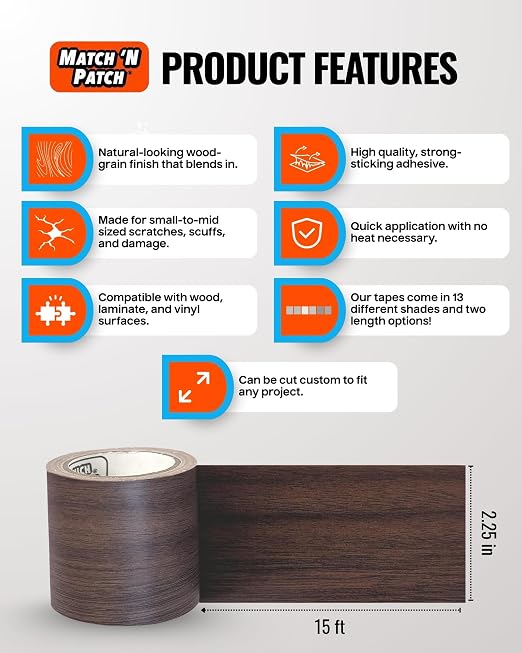MATCH 'N PATCH Wood Grain Repair Tape - Dark Brown Oak, 2.25 in x 15 ft (1-Pack) – Wood Grain Colored Duct Tape for Mirror Frame, Trim, Borders, Floor and Other Furniture, Scratch Repair Kit