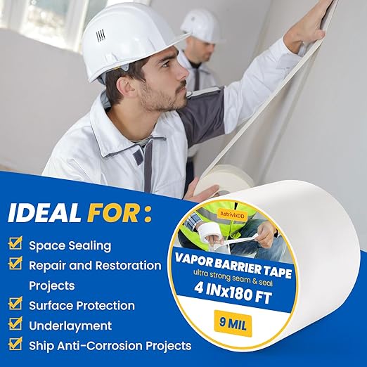 1 Roll Vapor Barrier Tape, White Moisture Barrier Tape for Crawl Spaces, Polyethylene Tape for Underlayment, Waterproof Seam Tape for Insulation, Plastic Liners (4" x 180 ft Each Roll)