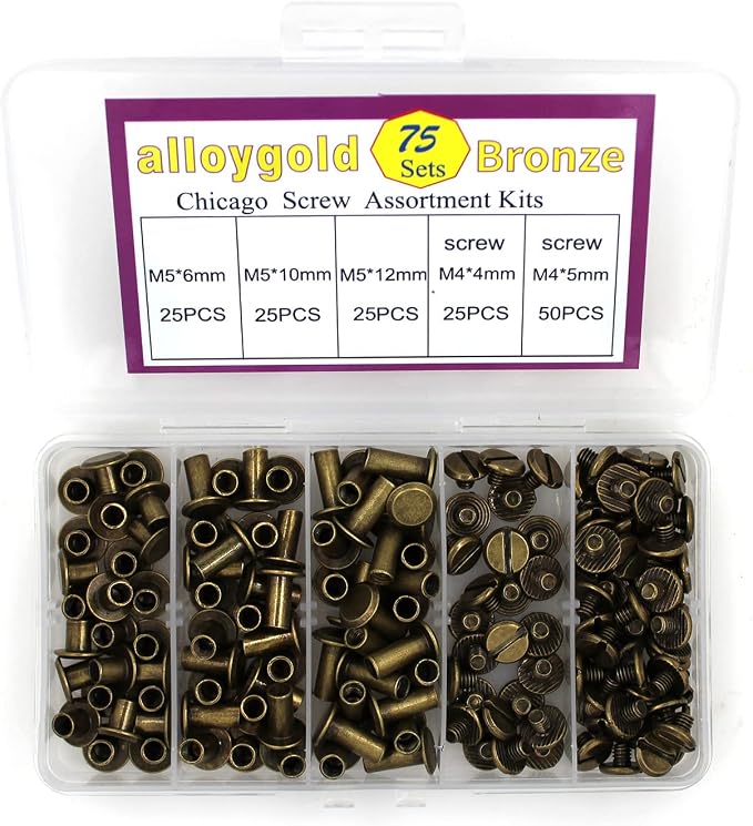 75 Sets Bronze Chicago Screws Assorted Kit 3 Sizes Leather Rivets 1/4 3/8 1/2 Screw Rivets Flat Fillister Book BindingPosts Nail Rivet Chicago Bolts for DIY Leather Craft (M5*6,10,12)