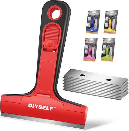 DIYSELF Razor Blade Scraper, 1 Pack Scraper Tool with 10pcs 4-Inch Blades, Razor Scraper for Cleaning Glass, Window, Stove Top, Oven, Kitchen, Cooktop, Shower Door, Sticky Residue, Tile, Wallpaper