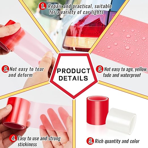 Patelai 4 Rolls 16.4 ft x 2 Inches Self Adhesive Repair Light Tape Auto Tail Light Tape Fog Lights Tint Tape Headlight Lens Tape (Red, Clear)