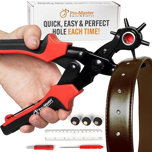 Pro-Master Belt Hole Puncher for Leather - Heavy Duty Rotary Leather Punch Tool for Belts, Watch Bands & Bags - Double Lever Action, Ergonomic Cushioned Non-Slip Handles - 2mm to 4.5mm Punching Kit