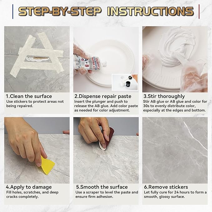 Quartz Countertop Repair Kit, Marble Repair Kit, Strong Bond, Seamless Finish for Granite Repair, Ideal for Mable, Porcelain, Tile, Sink Crack, Chip Scratch, Hole, 100g