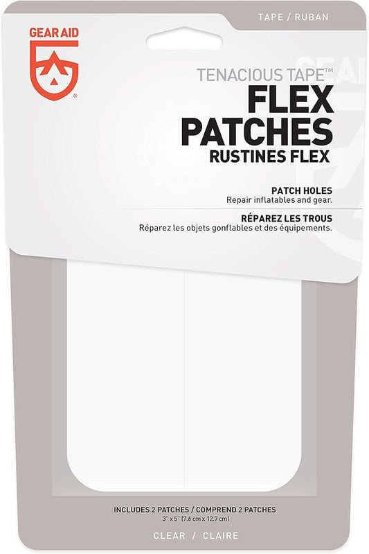 GEAR AID Tenacious Tape Flex Heavy Duty Patches for Fixing Holes and Rips in Outdoor Fabrics, Vinyl, Pool and Snow PVC Inflatables, Peel-and-Stick, Clear, Two 3" x 5" Patches