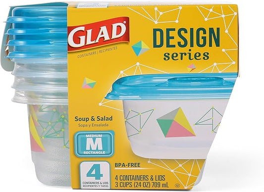 Glad GladWare Design Series Food Storage Containers with Lids, Medium Rectangle BPA Free Plastic for Meal Prep and Lunches, Tight Seal, Microwave and Dishwasher Safe, 24 Oz, 4 Count