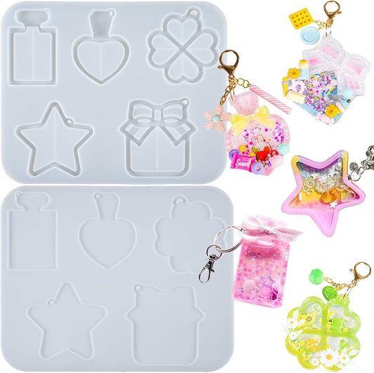 Epoxy Resin Shaker Molds with Cover, Hanging Hole Perfume Bottle, Clover, Heart, Star, Gift Box, Jewelry Casting Supplies 5-Shape Large 3.4-3.66inch