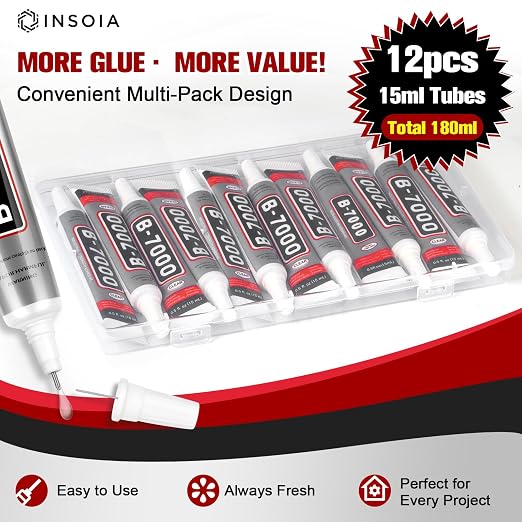 12 PCS 15ml B7000 Rhinestone Glue Clear – Super Glues for Bedazzling with Precision Tip, Quick Dry No Trace Flexible Adhesive for Jewelry Making, Nail Art, Fabric, Shoe, DIY Craft & Phone Repair