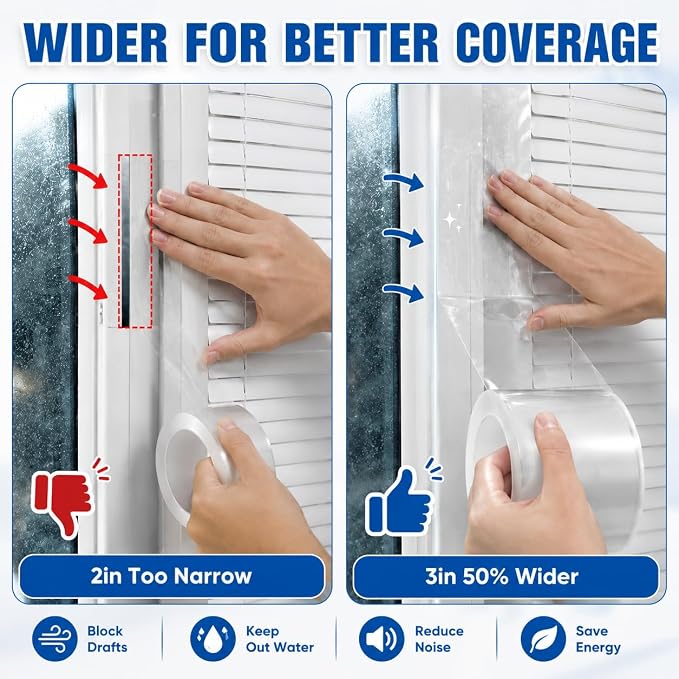 Window Sealing Tape, 3 Inch x 165 FT Clear Weather Stripping Tape for Drafty Windows, Window AC Units, No Residue Removable Waterproof Insulation Tape for Winter and Summer (Clear, 3-Inch x 55 Yards)