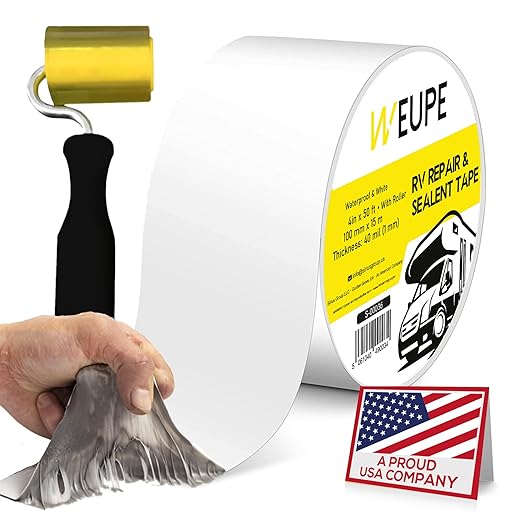 RV Sealant Tape with Roller, White, 4 Inch x 50 Feet, Roof Patch Repair Tape, Roofing Tape for RV, Waterproof Leak Tape for RV Puncture, Boat Sealing, Canopy, Camper, Greenhouse and Tarpaulin