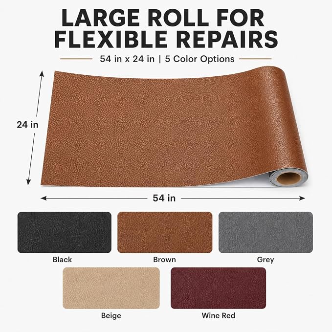 Self Adhesive Leather Repair Patch 24x54 Inch, Large Vinyl Repair Kit，Brown | Leather Tape for Furniture, Couch, Sofa, Car Seats. Waterproof, Strong Adhesion, Easy Cut Pleather Patch Waterproof Scratch